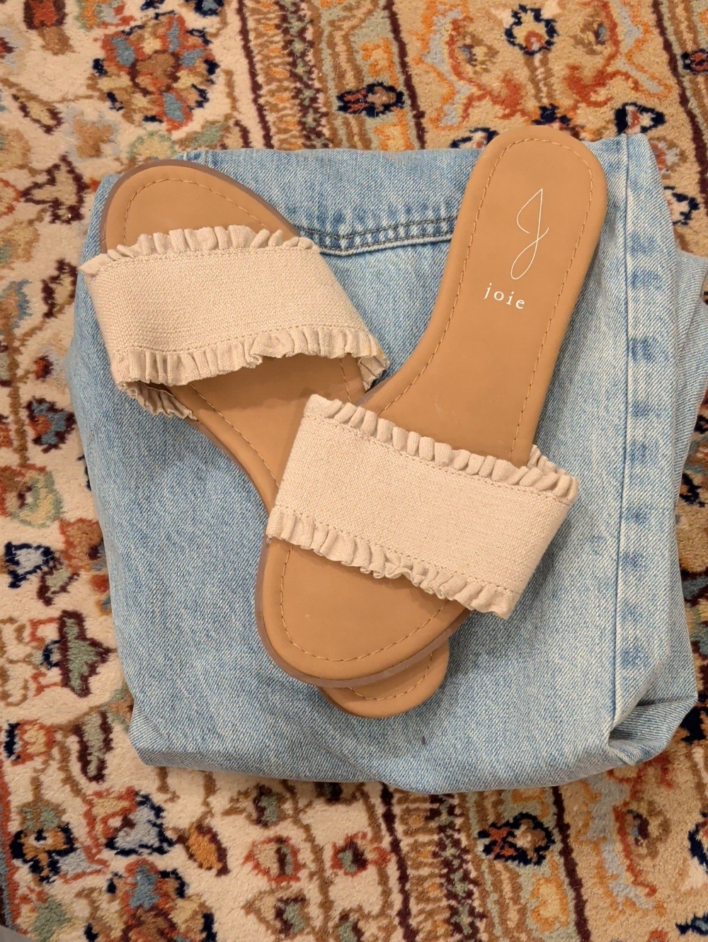 Joie Neutral Fringed Canvas Slide Sandals